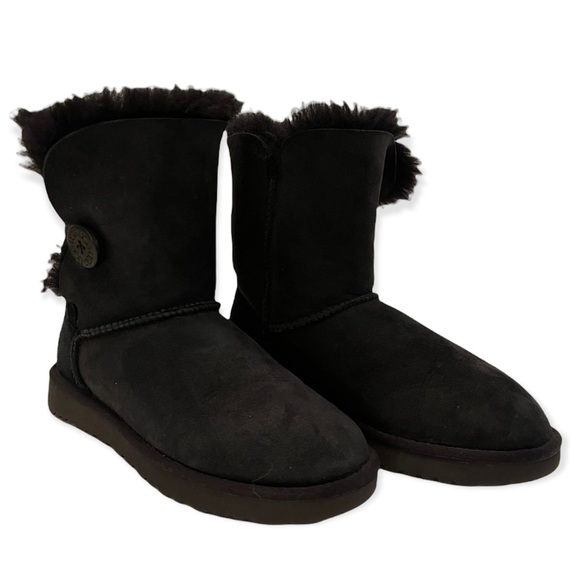 UGG Bailey Button II Boot Sheepskin Black Leather Winter Boot Mini Fluff - Picture 2 of 12
